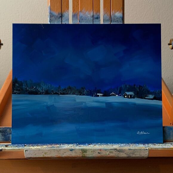 Original Oil Painting Landscape Winter Nocturne Blue Night Lights 8x10 Signed - Picture 2 of 6